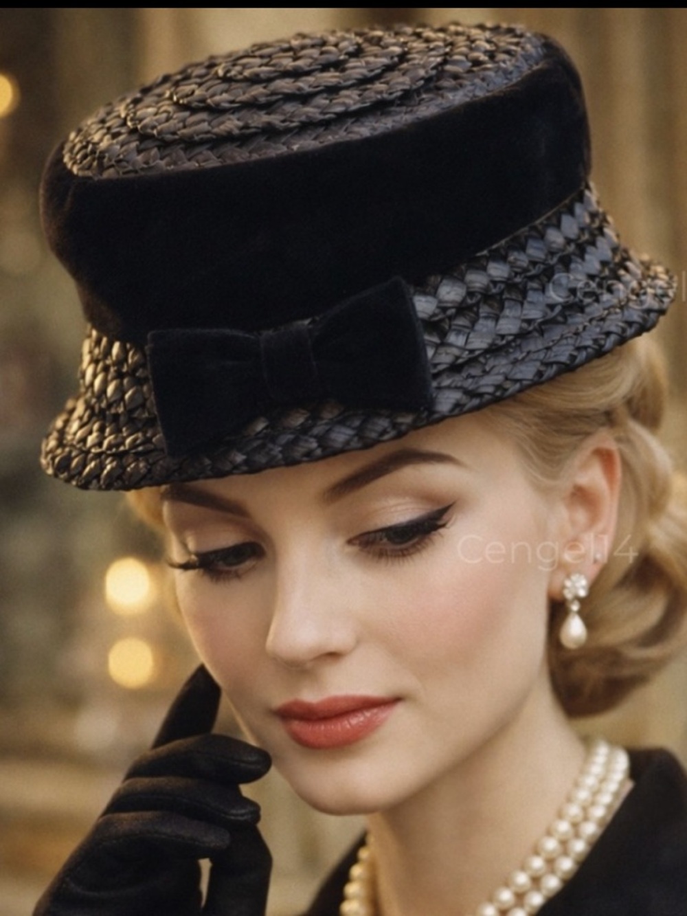 Vintage 1950s Black Tilt Cocktail Hat Velvet Bow Union Made Millinery - Picture 1 of 12